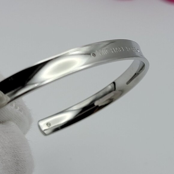 Michael Kors Silver Tone Logo Open Cuff Bracelet Tiny Diamond Accent 6.5" - Picture 6 of 11